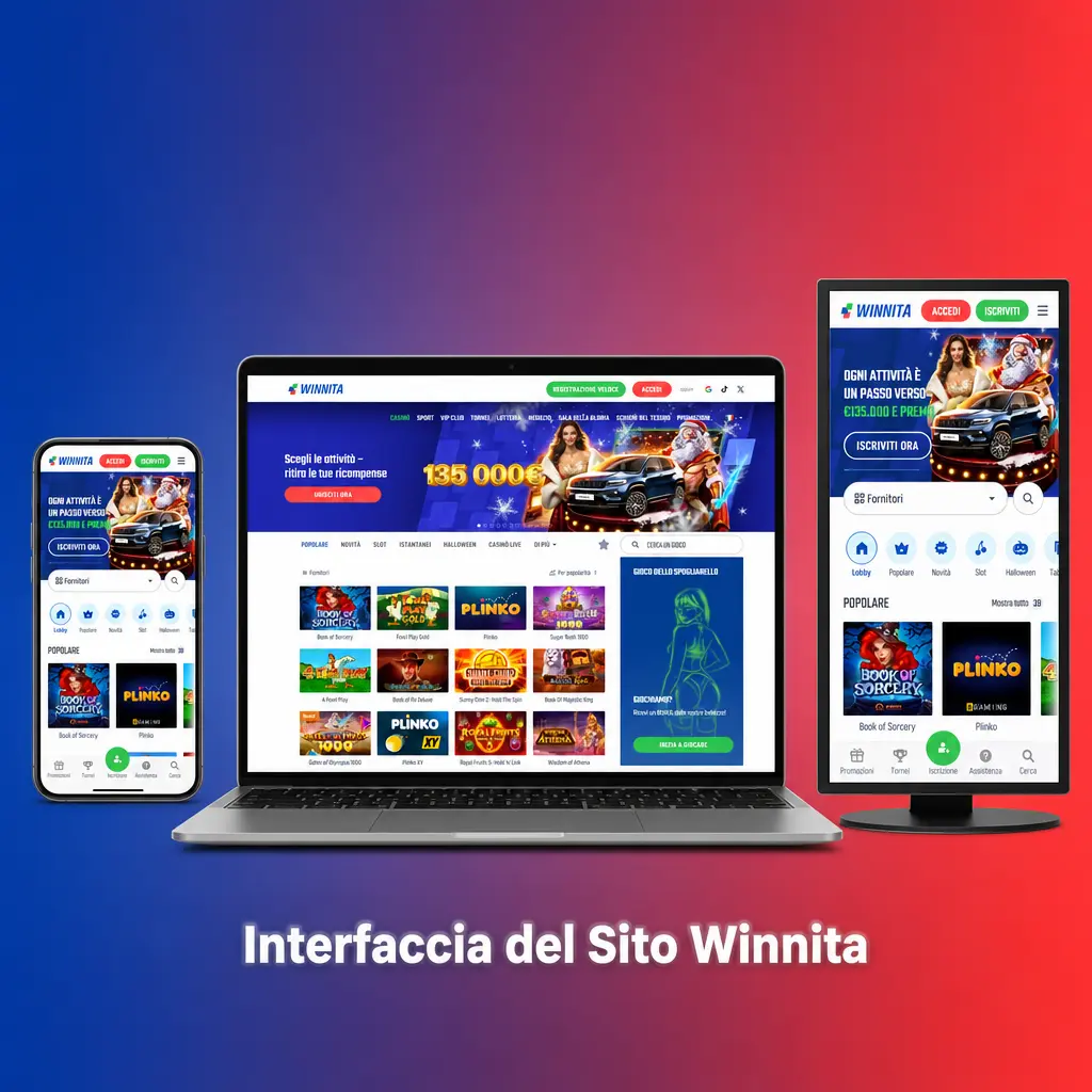 Interfaccia sito Winnita con barra di navigazione superiore per scommesse sportive, casinò, eSport e promozioni
